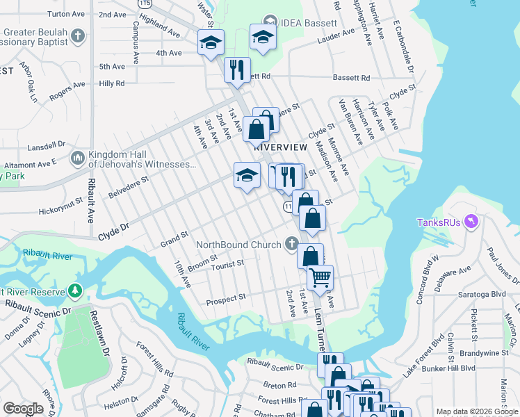 map of restaurants, bars, coffee shops, grocery stores, and more near 8960 2nd Avenue in Jacksonville