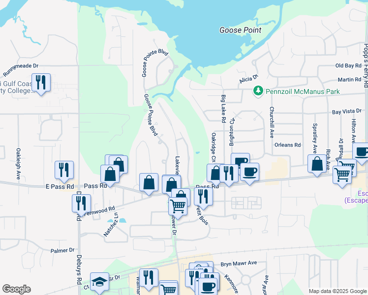 map of restaurants, bars, coffee shops, grocery stores, and more near 341 Fairview Drive in Biloxi