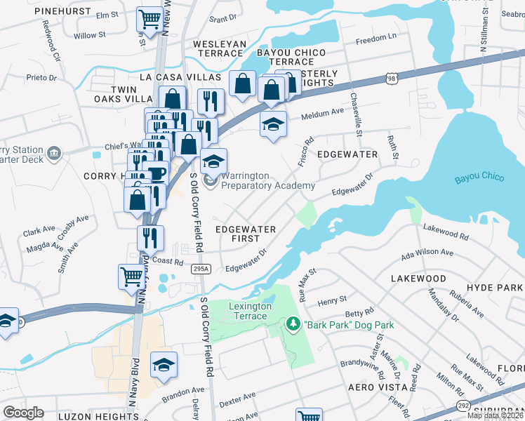 map of restaurants, bars, coffee shops, grocery stores, and more near 521 Frisco Rd in Pensacola