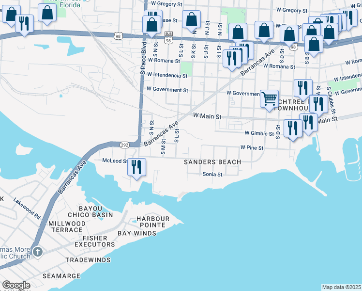 map of restaurants, bars, coffee shops, grocery stores, and more near 700 South L Street in Pensacola
