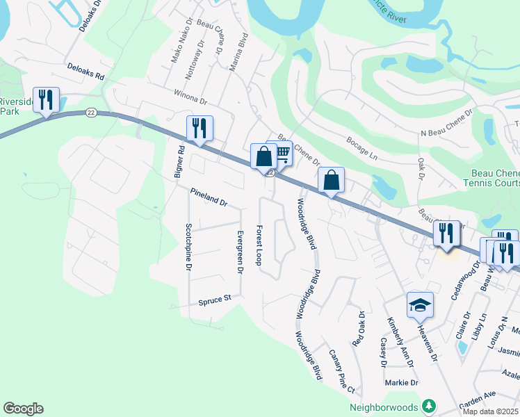map of restaurants, bars, coffee shops, grocery stores, and more near 211 Forest Loop in Mandeville