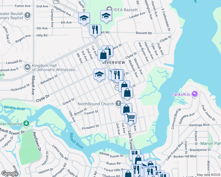 map of restaurants, bars, coffee shops, grocery stores, and more near 8935 1st Avenue in Jacksonville