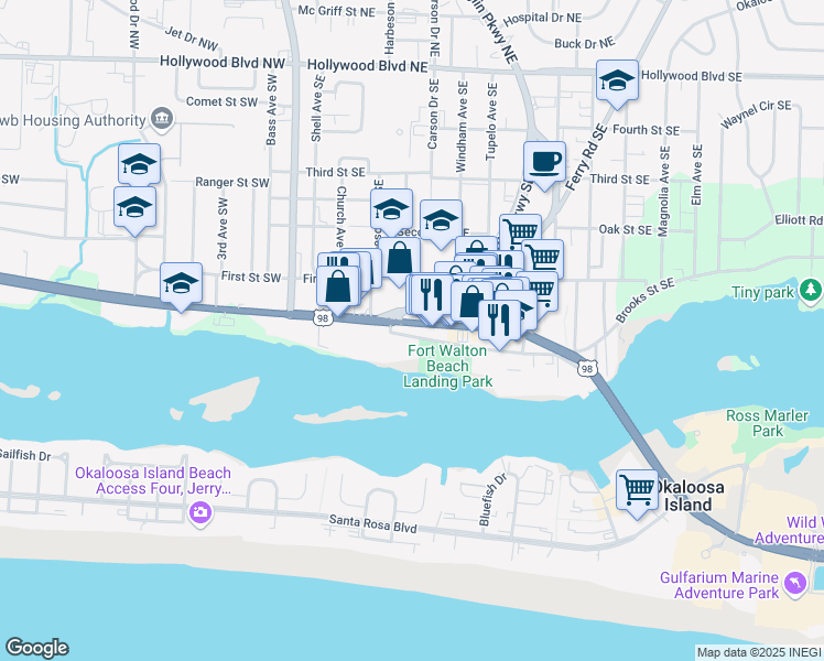 map of restaurants, bars, coffee shops, grocery stores, and more near 112 Miracle Strip Parkway Southeast in Fort Walton Beach