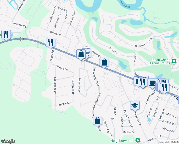 map of restaurants, bars, coffee shops, grocery stores, and more near 910 Forest Loop in Mandeville