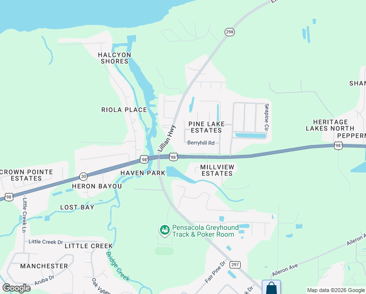map of restaurants, bars, coffee shops, grocery stores, and more near 10857 Berryhill Road in Pensacola