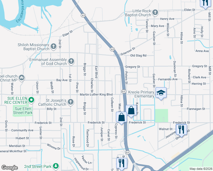 map of restaurants, bars, coffee shops, grocery stores, and more near 4312 Katie Street in Moss Point