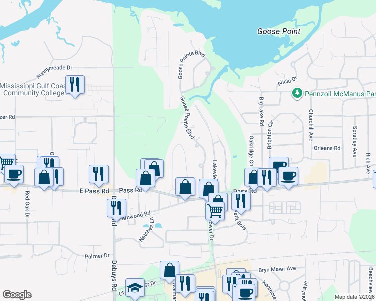 map of restaurants, bars, coffee shops, grocery stores, and more near 328 Eastview Drive in Biloxi