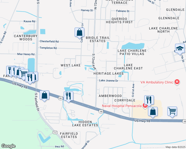 map of restaurants, bars, coffee shops, grocery stores, and more near 7261 Lago Vista Court in Pensacola
