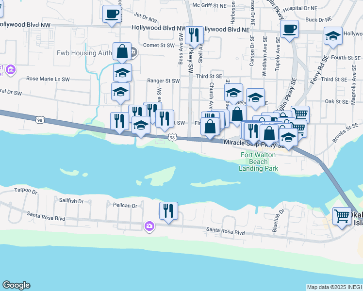map of restaurants, bars, coffee shops, grocery stores, and more near 4 Miracle Strip Parkway Southwest in Fort Walton Beach
