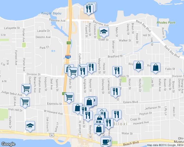 map of restaurants, bars, coffee shops, grocery stores, and more near 832 Division St in Biloxi
