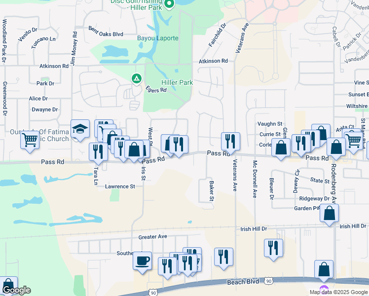 map of restaurants, bars, coffee shops, grocery stores, and more near 305 Hiller Drive in Biloxi