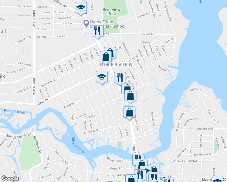 map of restaurants, bars, coffee shops, grocery stores, and more near 8935 1st Avenue in Jacksonville