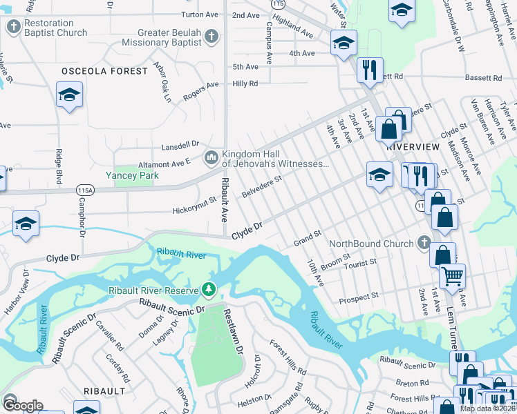 map of restaurants, bars, coffee shops, grocery stores, and more near 9145 13th Avenue in Jacksonville