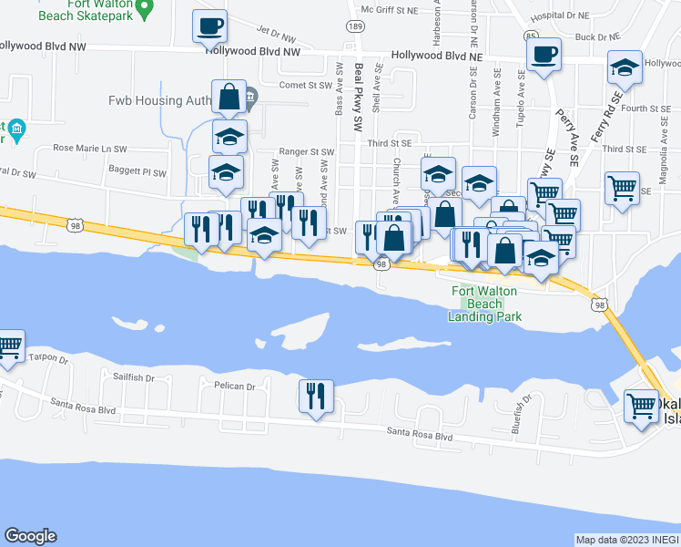 map of restaurants, bars, coffee shops, grocery stores, and more near 8 Miracle Strip Parkway Southwest in Fort Walton Beach