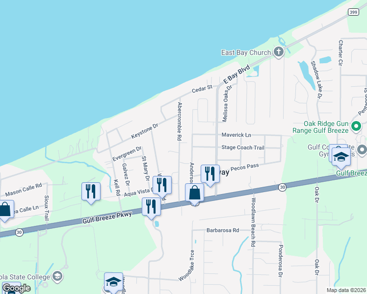 map of restaurants, bars, coffee shops, grocery stores, and more near 1854 Abercrombie Road in Gulf Breeze