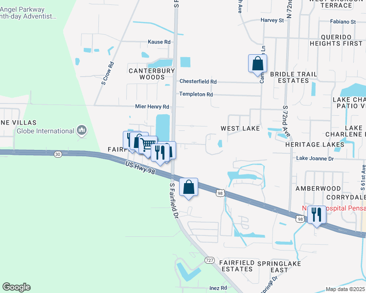 map of restaurants, bars, coffee shops, grocery stores, and more near 11 Villa Drive in Pensacola
