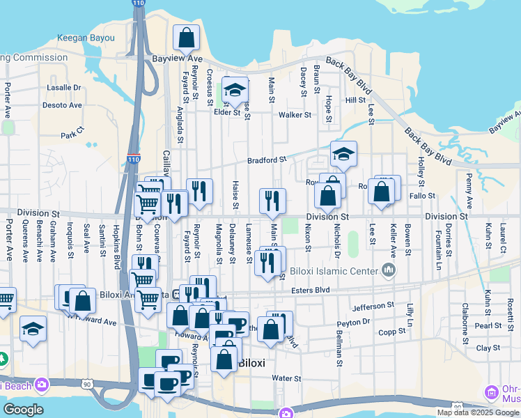 map of restaurants, bars, coffee shops, grocery stores, and more near 304 Lameuse Street in Biloxi