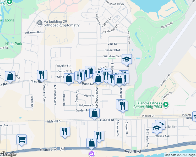 map of restaurants, bars, coffee shops, grocery stores, and more near 304 Rodenberg Avenue in Biloxi