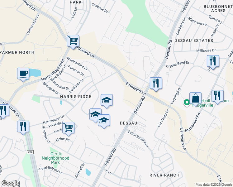 map of restaurants, bars, coffee shops, grocery stores, and more near 1501 East Howard Lane in Austin