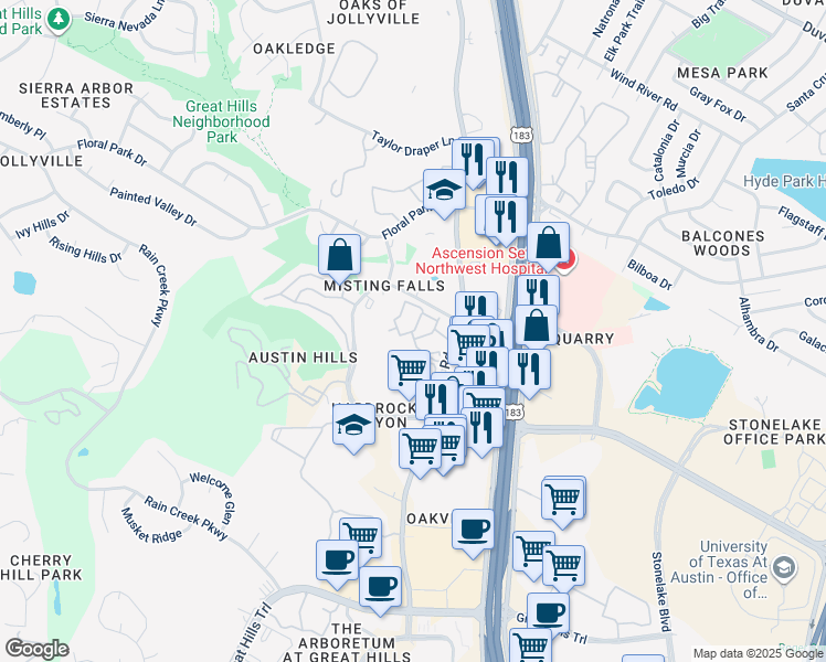 map of restaurants, bars, coffee shops, grocery stores, and more near 10926 Jollyville Road in Austin