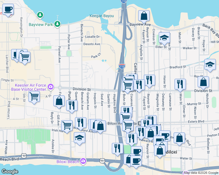 map of restaurants, bars, coffee shops, grocery stores, and more near 308 Santini Street in Biloxi