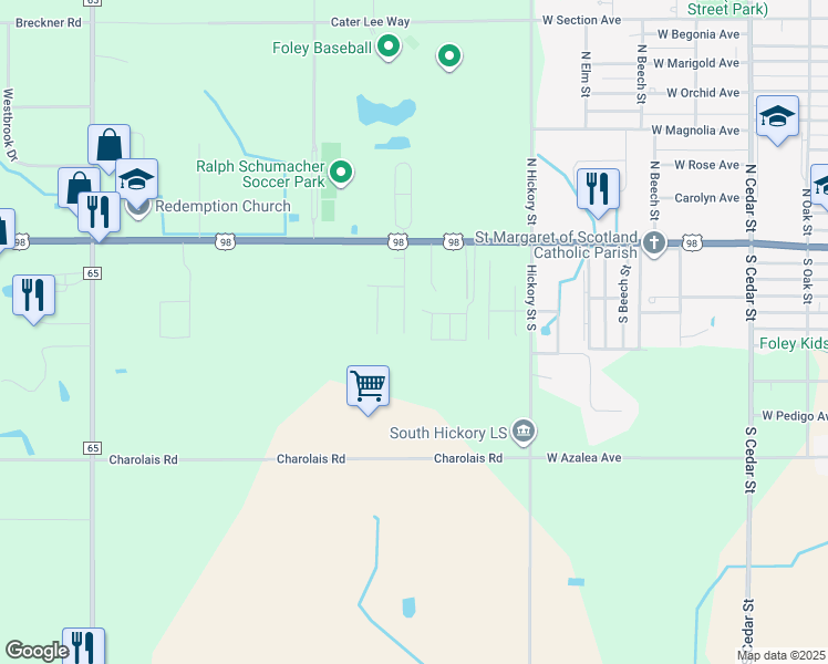 map of restaurants, bars, coffee shops, grocery stores, and more near 12304 John Arthur Drive in Foley