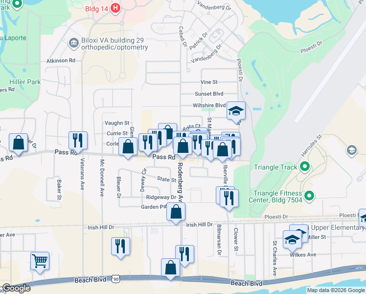 map of restaurants, bars, coffee shops, grocery stores, and more near 304 Rodenberg Avenue in Biloxi