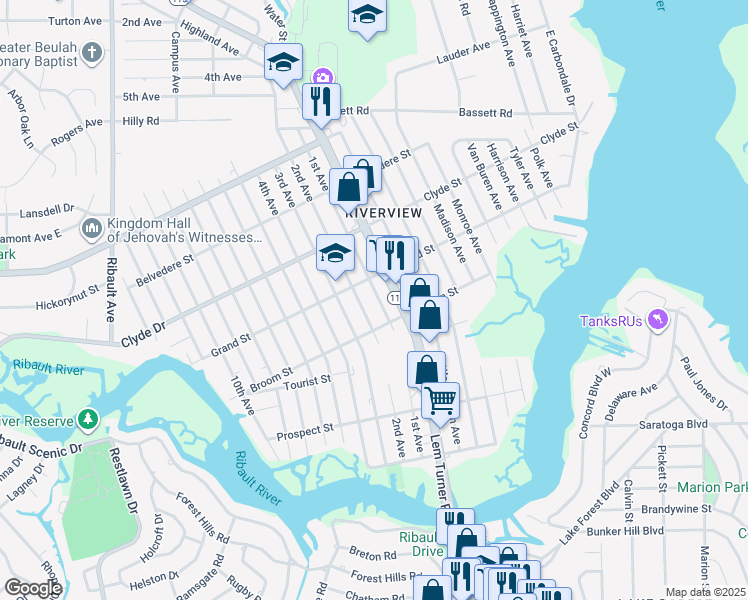 map of restaurants, bars, coffee shops, grocery stores, and more near 8935 1st Avenue in Jacksonville