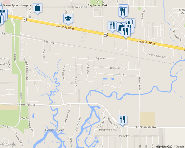 map of restaurants, bars, coffee shops, grocery stores, and more near 3715 Cabildo Place in Ocean Springs