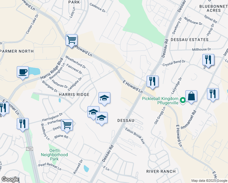 map of restaurants, bars, coffee shops, grocery stores, and more near 1501 East Howard Lane in Austin