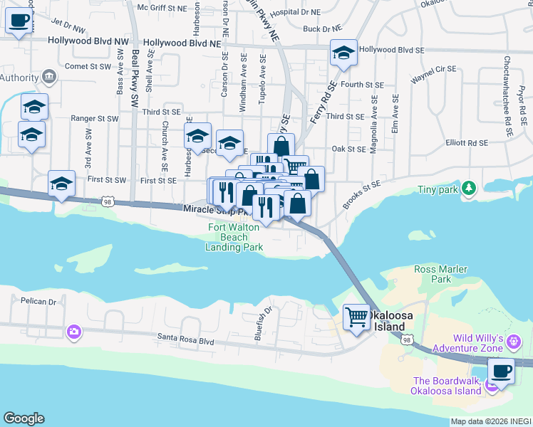 map of restaurants, bars, coffee shops, grocery stores, and more near 200 Miracle Strip Parkway Southeast in Fort Walton Beach