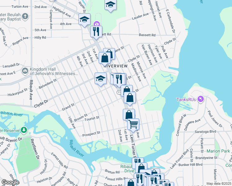 map of restaurants, bars, coffee shops, grocery stores, and more near 8935 1st Avenue in Jacksonville