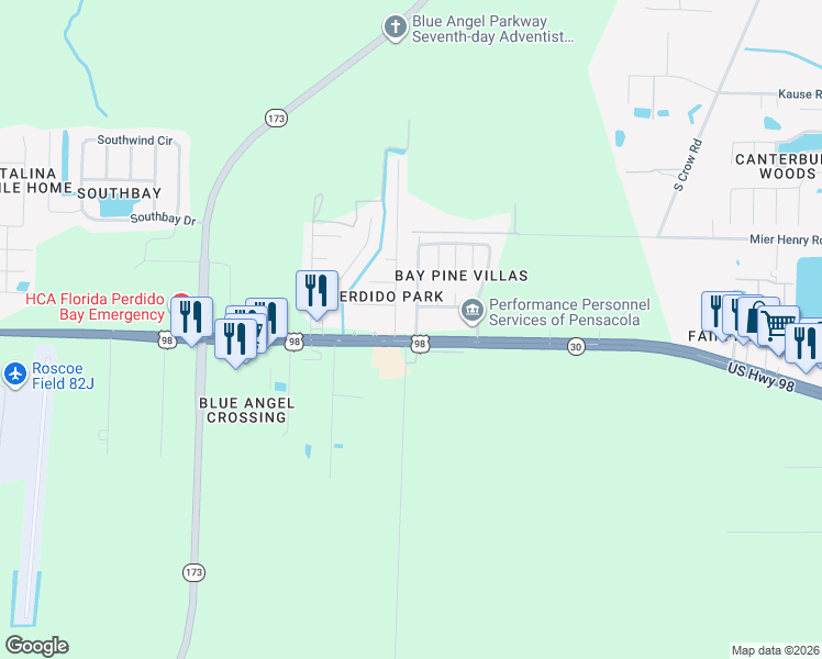 map of restaurants, bars, coffee shops, grocery stores, and more near 2 Bay Pine Villas Drive in Pensacola