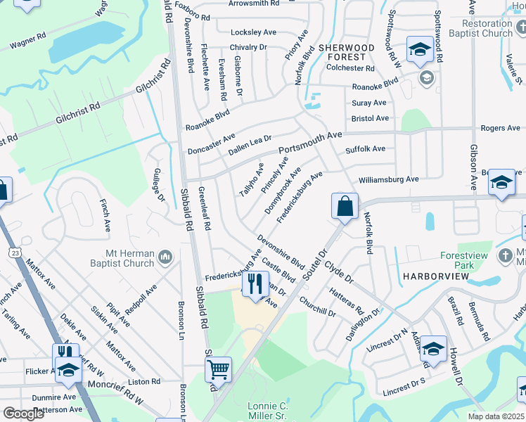 map of restaurants, bars, coffee shops, grocery stores, and more near 5023 Donnybrook Avenue in Jacksonville