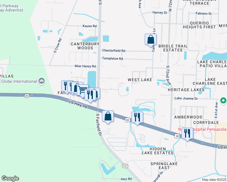 map of restaurants, bars, coffee shops, grocery stores, and more near 9 Villa Drive in Pensacola