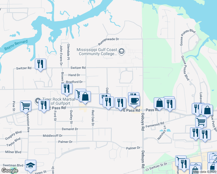 map of restaurants, bars, coffee shops, grocery stores, and more near 831 Oakleigh Avenue in Gulfport