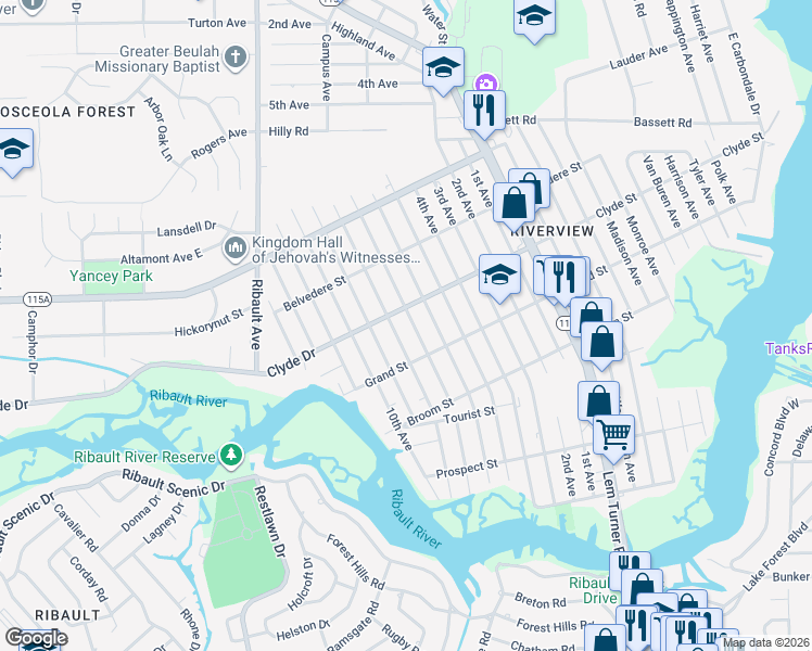 map of restaurants, bars, coffee shops, grocery stores, and more near 9056 7th Avenue in Jacksonville