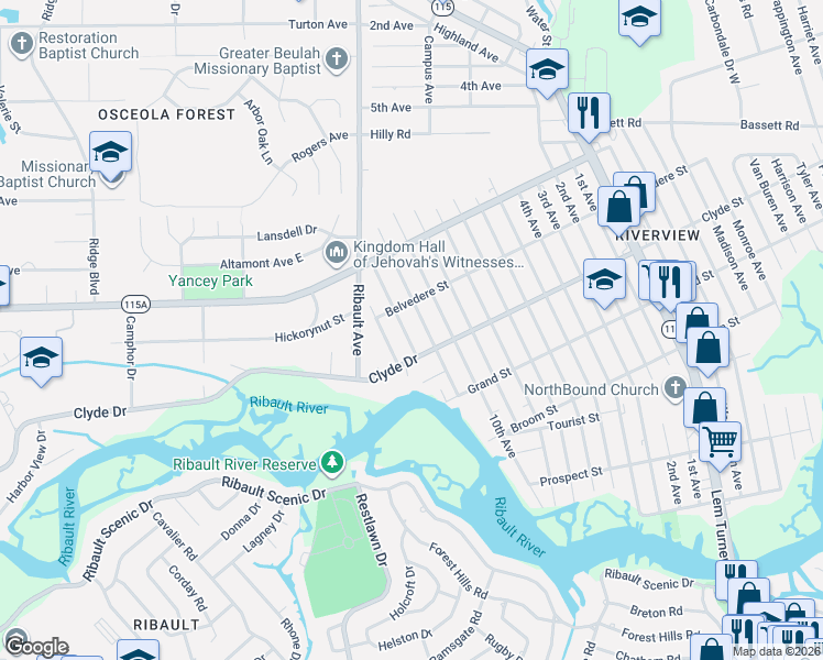 map of restaurants, bars, coffee shops, grocery stores, and more near 9145 13th Avenue in Jacksonville