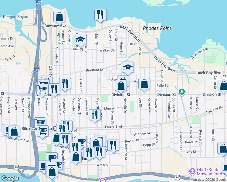 map of restaurants, bars, coffee shops, grocery stores, and more near 656 Division St in Biloxi