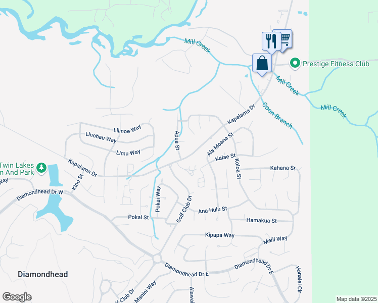 map of restaurants, bars, coffee shops, grocery stores, and more near 10810 Apua Street in Diamondhead