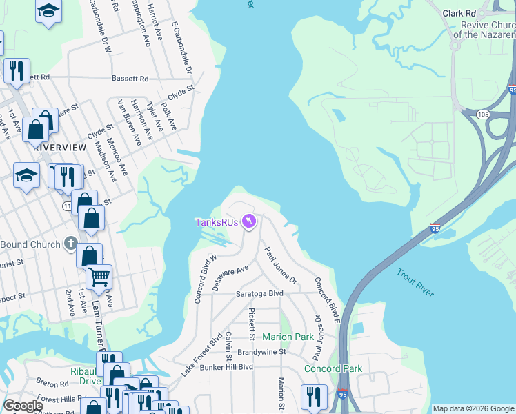 map of restaurants, bars, coffee shops, grocery stores, and more near 8481 Concord Boulevard East in Jacksonville