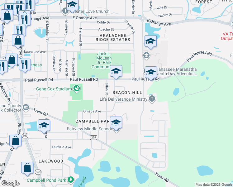 map of restaurants, bars, coffee shops, grocery stores, and more near 805 Bahama Drive in Tallahassee