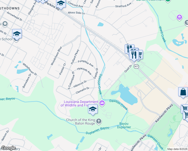 map of restaurants, bars, coffee shops, grocery stores, and more near 1614 Dahlia Street in Baton Rouge