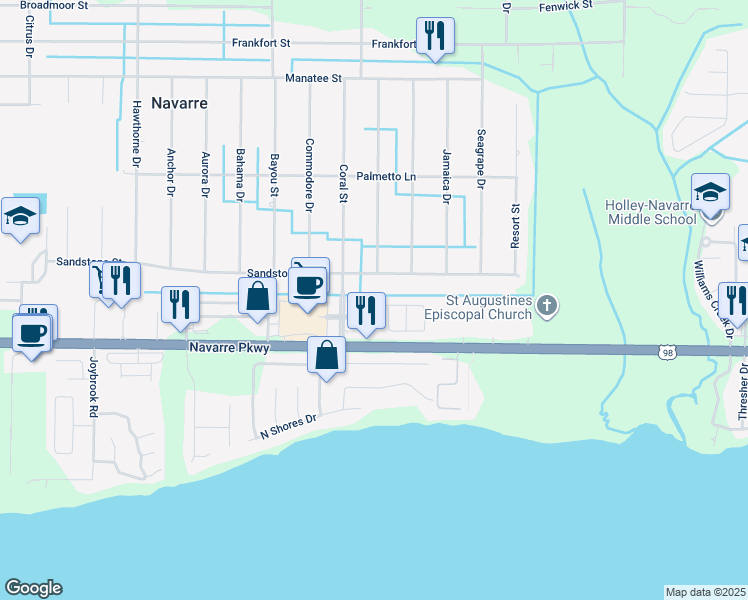map of restaurants, bars, coffee shops, grocery stores, and more near 7602 Chablis Circle in Navarre