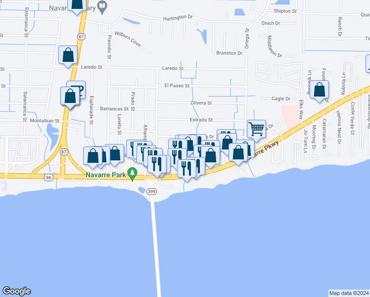 map of restaurants, bars, coffee shops, grocery stores, and more near 1758 Esplanade Street East in Navarre