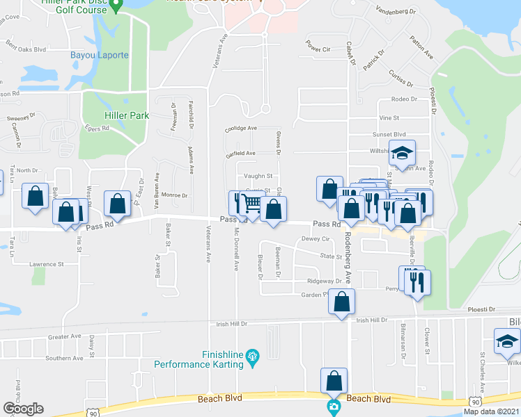 map of restaurants, bars, coffee shops, grocery stores, and more near 1777 Corley Street in Biloxi