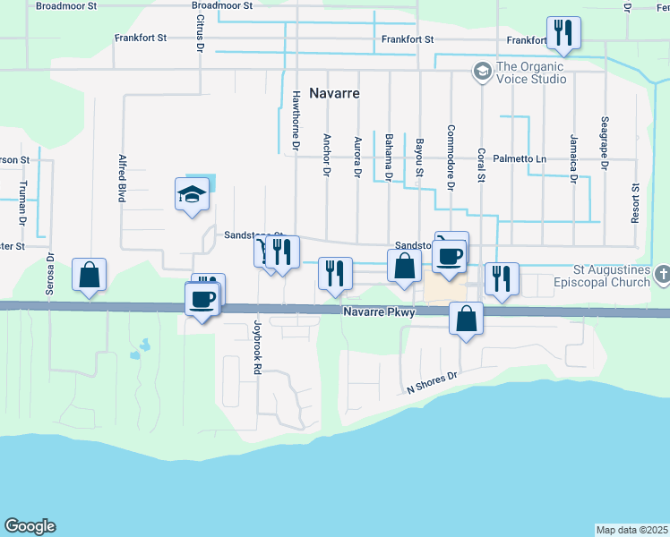 map of restaurants, bars, coffee shops, grocery stores, and more near 7432 Harvest Village Court in Navarre