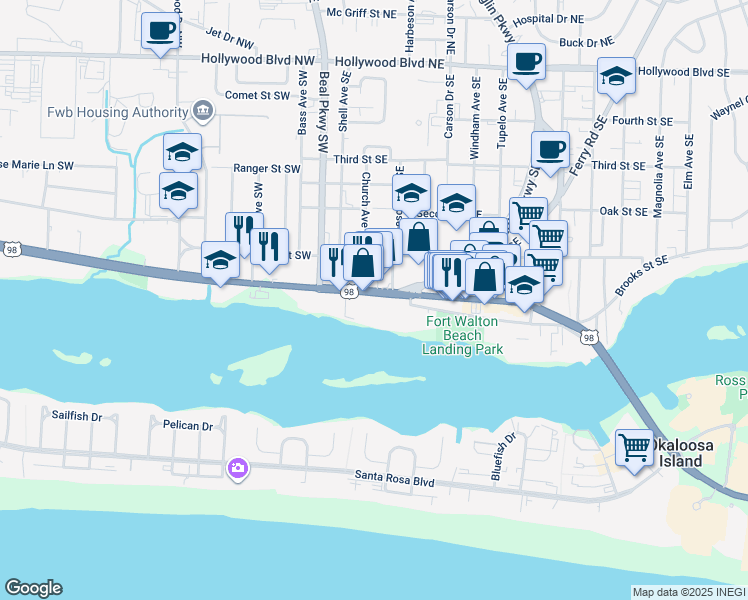 map of restaurants, bars, coffee shops, grocery stores, and more near 50 Miracle Strip Parkway Southeast in Fort Walton Beach