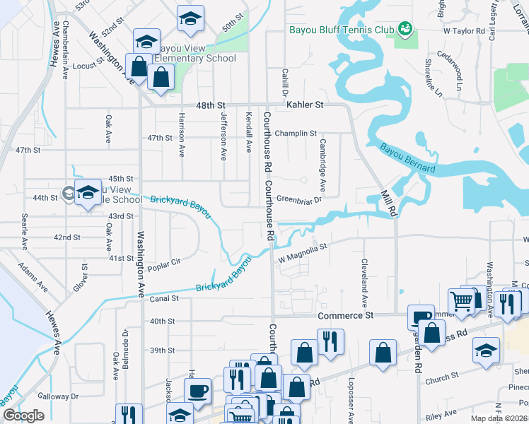 map of restaurants, bars, coffee shops, grocery stores, and more near 1330-1338 Courthouse Road in Gulfport