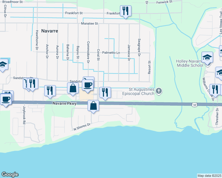 map of restaurants, bars, coffee shops, grocery stores, and more near 7610 Chablis Circle in Navarre